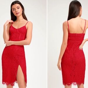 NWT Lulus "Love Me Right" Red Lace Bodycon Midi Dress Size Large